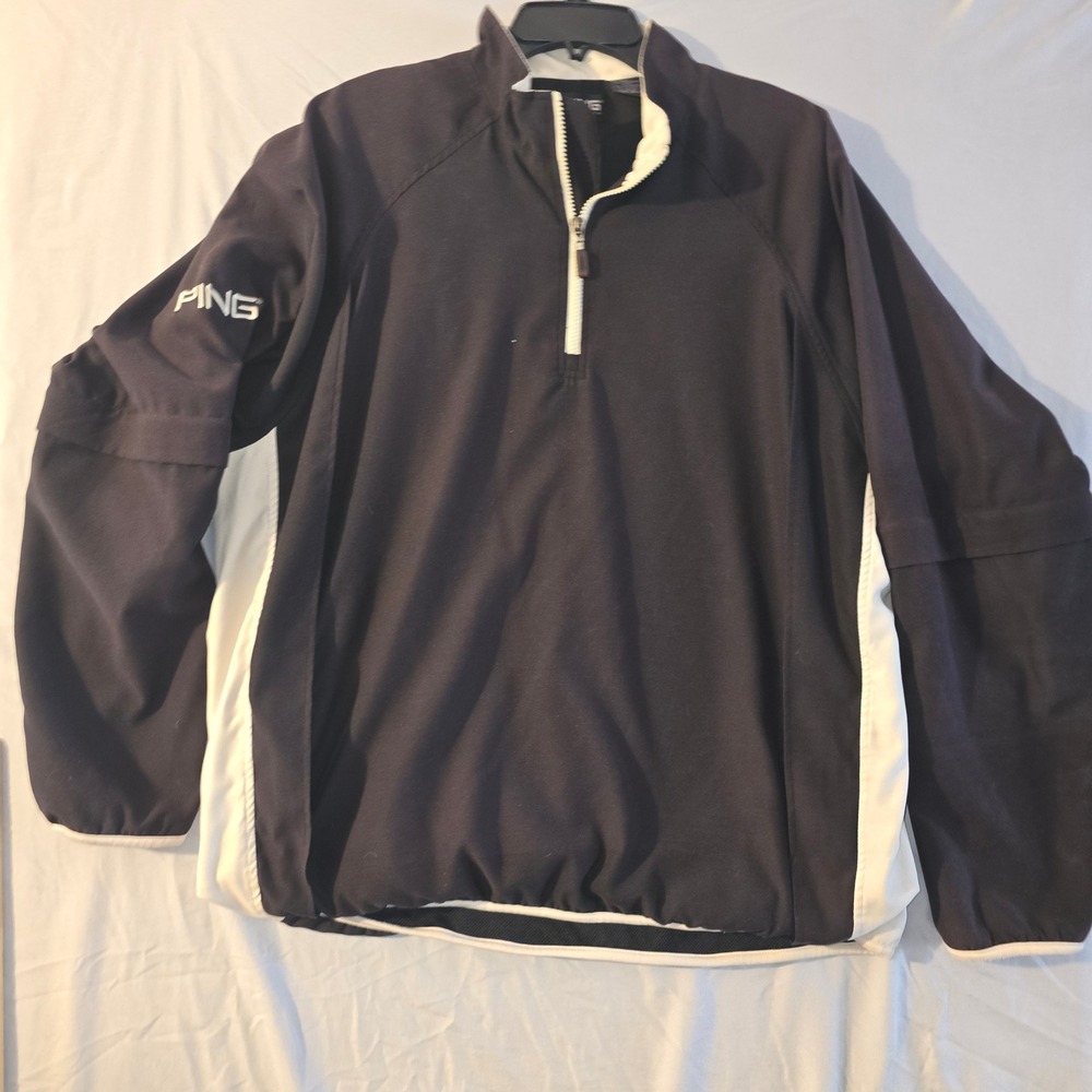 Ping Pullover Windbreaker Large Mens Black Quarter Zip off sleeves Golf Jacket
